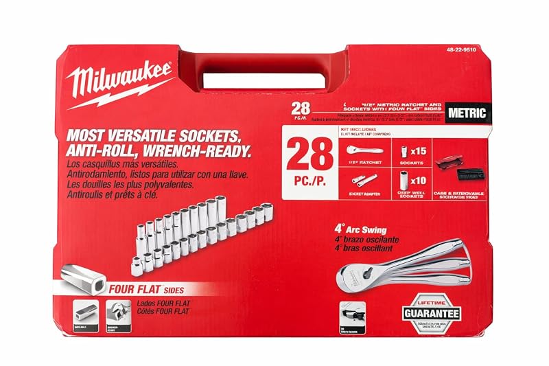 Jogo de Soquetes e Chave Catraca Milwaukee 45-22-9510 com Encaixe de 12,7 mm, 28 Peças, Métrico