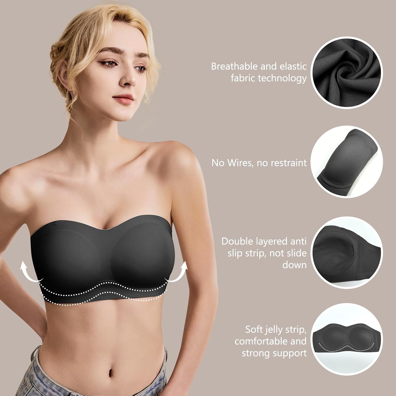 Strapless Bra for Women Bandeau Bras Wireless Seamless Padded Tube Bra Non-Slip Silicone Invisible Bralette - Image 2