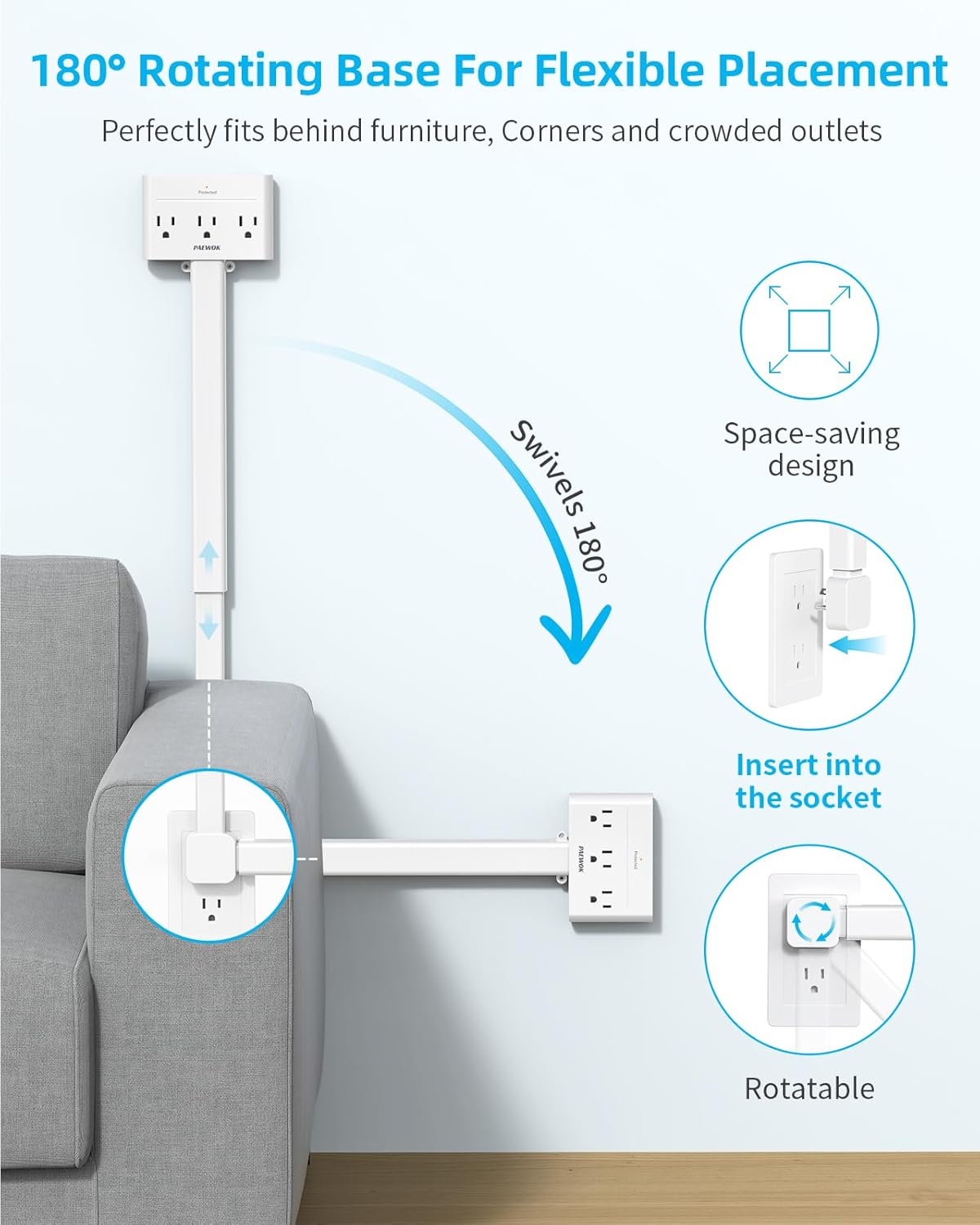 Electrical Outlet Extender Stick 180° Rotating Extendable Wall Plug Adapter, Features USB-A, USB-C, 3 AC for Hard to Reach Spaces, Extends 15.7"-25.6" Use Behind Couches, Nightstands, Home Essentials