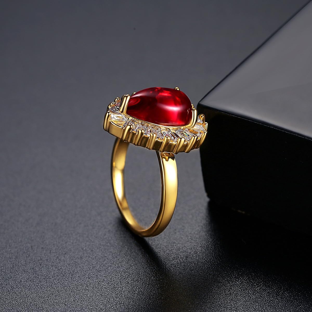14K Gold Cabochon Red Moissanite Ring, Oversized Teardrop Cocktail Jewelry for Women