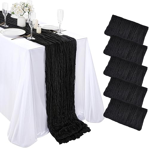 Paquete de 5 caminos de mesa negros de 10 pies, estilo bohemio, estopilla, decoración de boda para vacaciones, fiesta de cumpleaños, baby shower,
