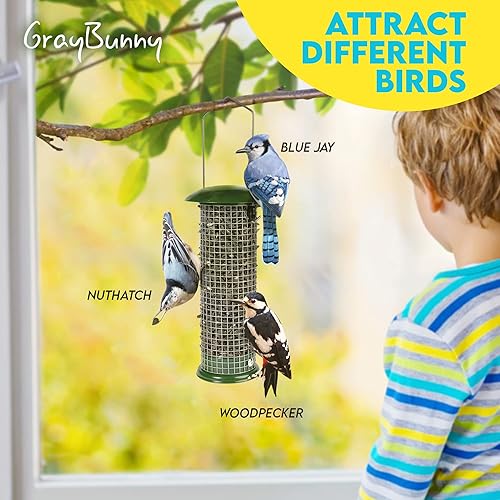 Miniatura 5 de Comedero de acero prémium con semillas de girasol y cacahuete, 9.5 pulgadas de alto, comedero para pájaros carpinteros, titmices, trepadores,