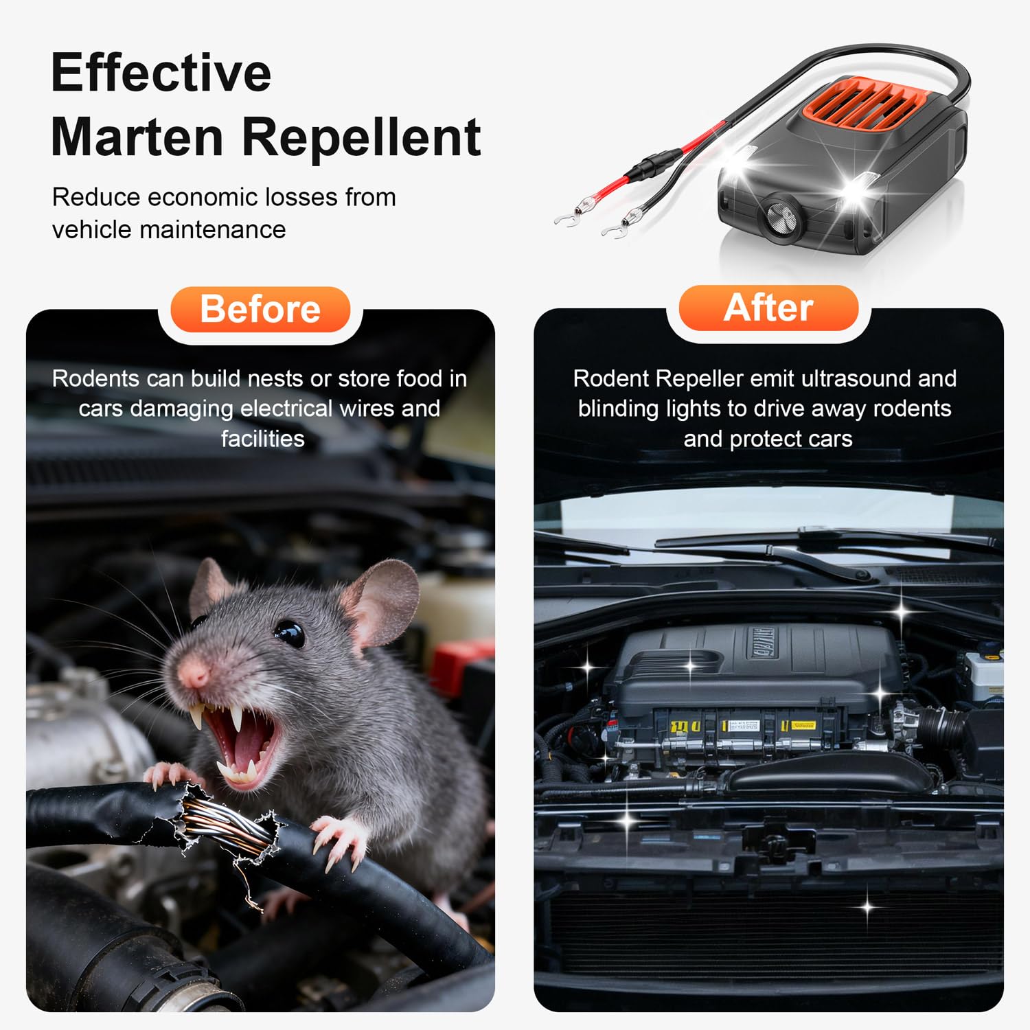 KITBEZN Marderschreck Auto, Marderabwehr mit Ultraschall, 12V Autobatterie, Marderschreck Auto Batteriebetrieben, Marderschutz für KFZ, Motorraum, Dachboden, Haus, Garten-2 Stück
