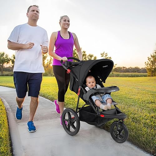 Miniatura 9 de BABY JOY Cochecito para correr, cochecito plegable con toldo y respaldo ajustables, neumáticos llenos de aire, bandeja para niños y padres,