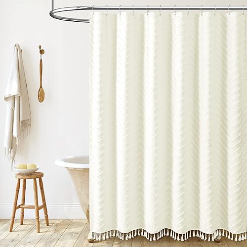 Miniatura 7 de Dynamene - Cortina de ducha, tela bohemia y rústica con rayas con chebrón en relieve, cortina texturizada para decoración de baño, juego de cortina