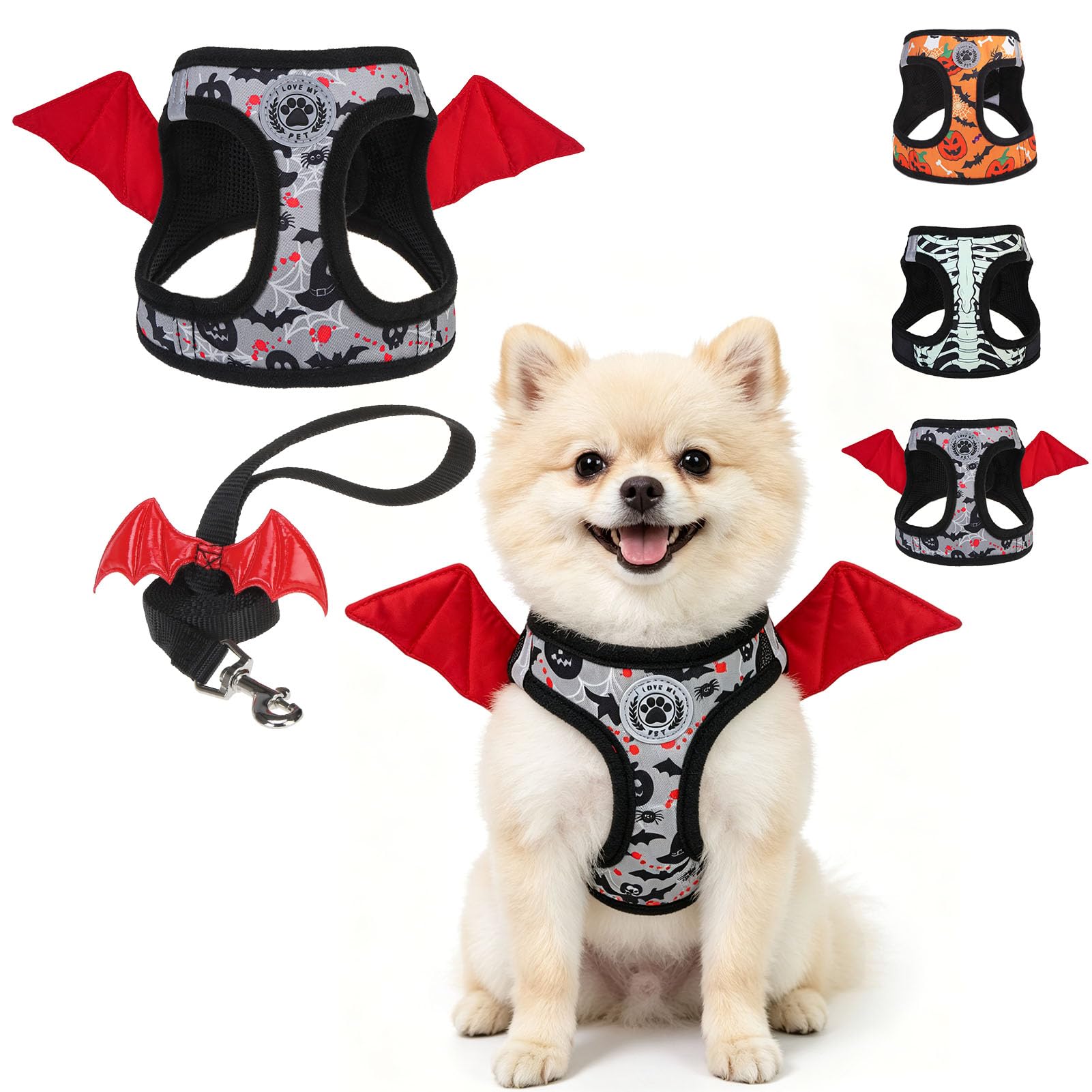 BEAUTYZOO Small Dog Harness and Leash Set,Step in No Choke No Pull Soft Mesh Dog Harnesses Reflective for Extra-Small/Small Medium Puppy Dogs and Cats,Halloween Grey M