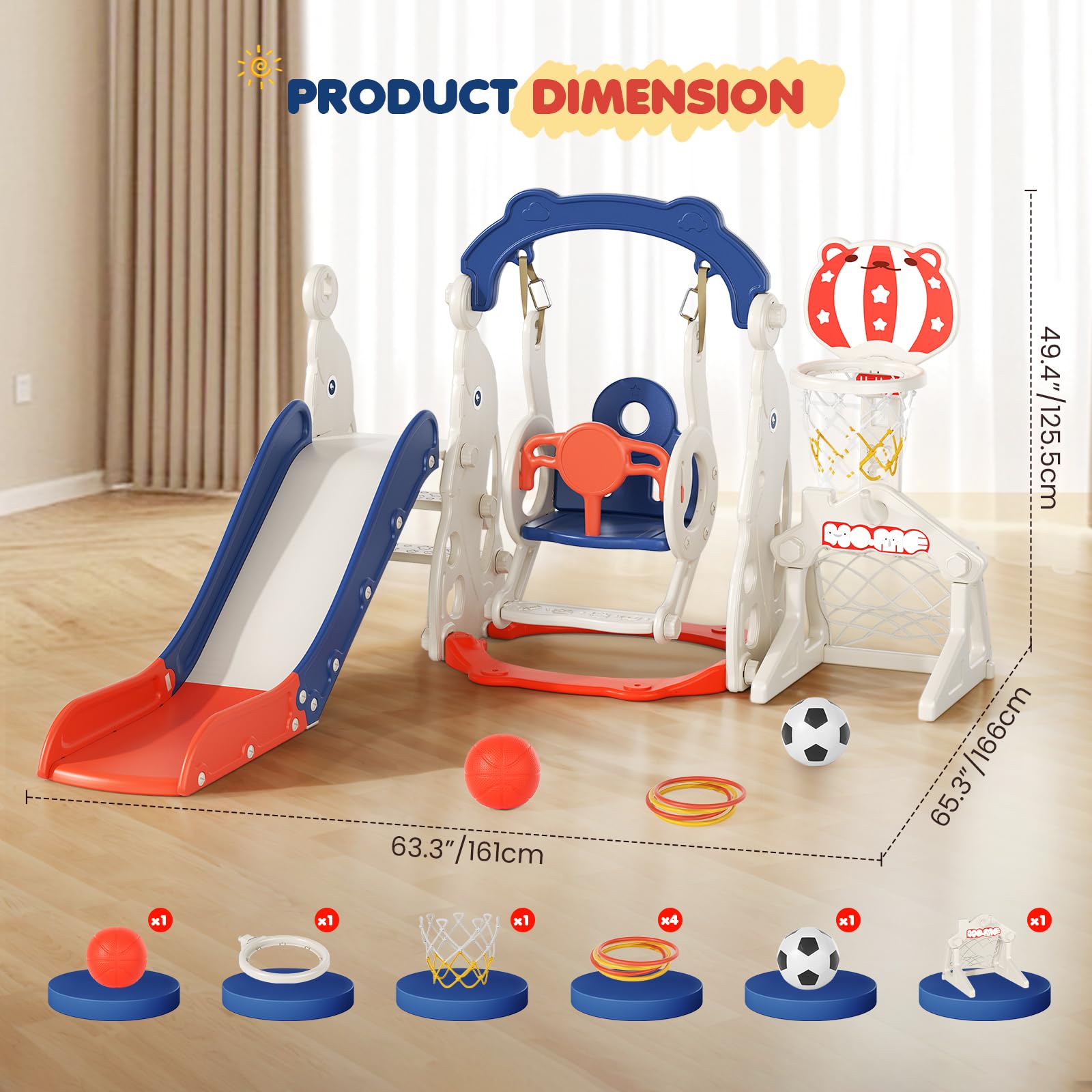 6-in-1-Kinderrutsche für drinnen und draußen, große Kleinkind Rutsche | Basketballkorb,Klettergerüst , Teleskop, extralange Rutschbahnfür 1-5 Jahre，Montessori Baby-Gartenrutschen-Spielset