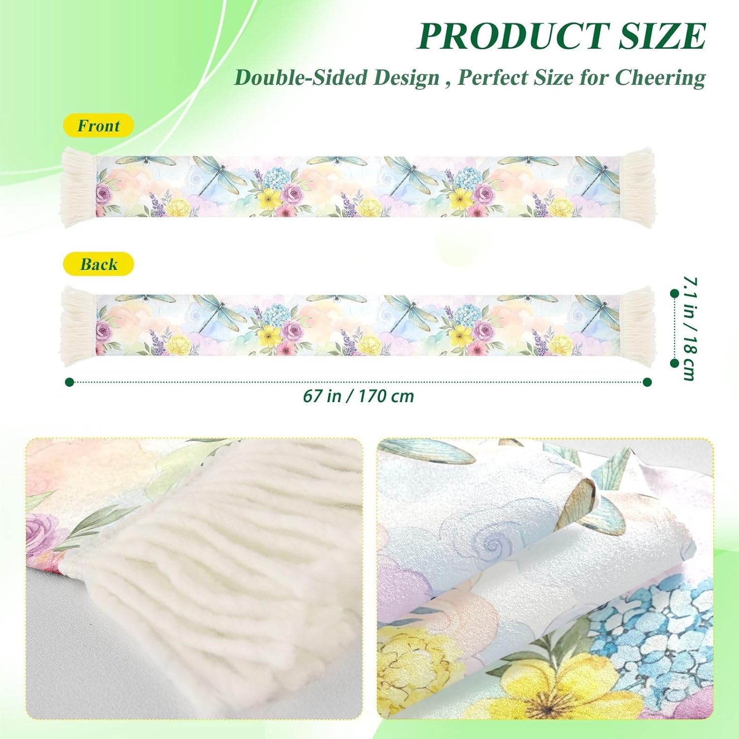 CHIFIGNO Dragonflies Floral Pastel Sports Fan Scarf Towel, Soft Polyester Cheering Banner Scarf for Soccer Games, Quick Dry Sweat Absorbent