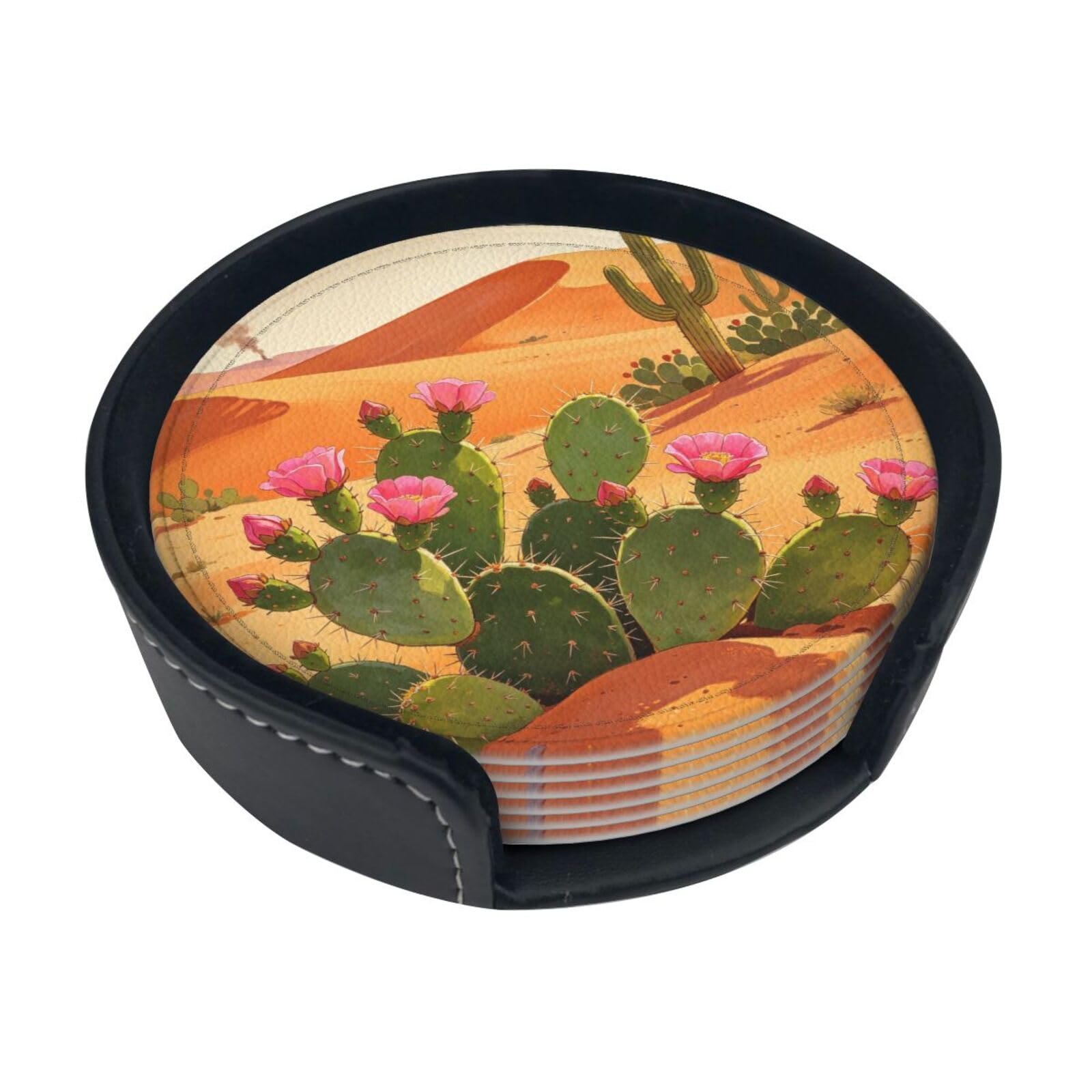 Cntdbu White Green Cactus Art Leather Coasters Set Of 6-Pu Leather Drink Mats For Table, Heat Resistant Round Coasters With Holder