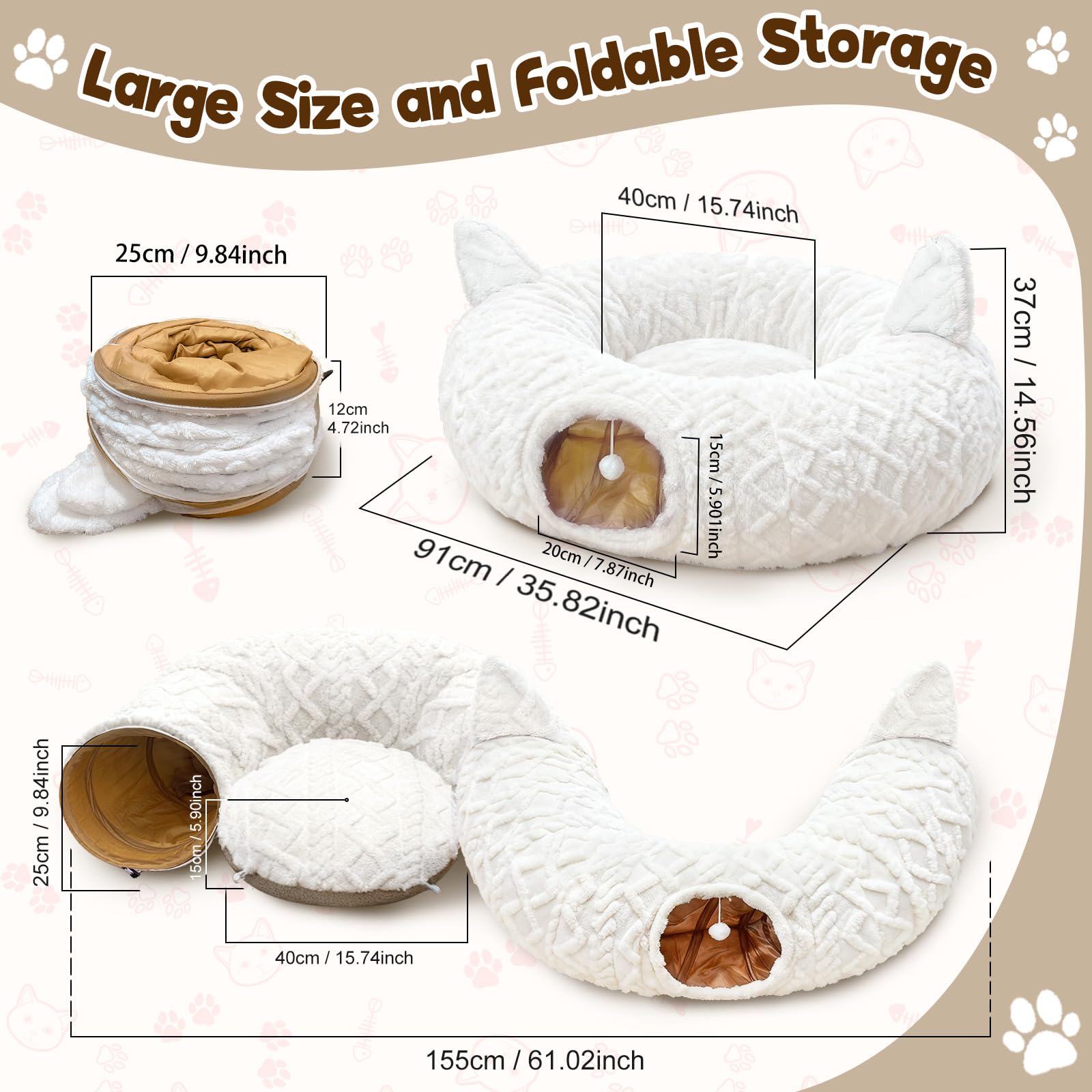 Katzentunnel Rund Weiß mit Katzenbett, Plüsch Katzen Donut Tunnel mit 11 interaktiven Spielzeugen & Waschbarer Matte, Peekaboo Katzenhöhle Spieltunnel unter dem Weihnachtsbaum für Katzen