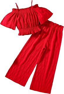 Girl's 2 Piece Outfits Short Sleeve Cold Shoulder Ruffle Trim Top and Paperbag Waist Pants Set