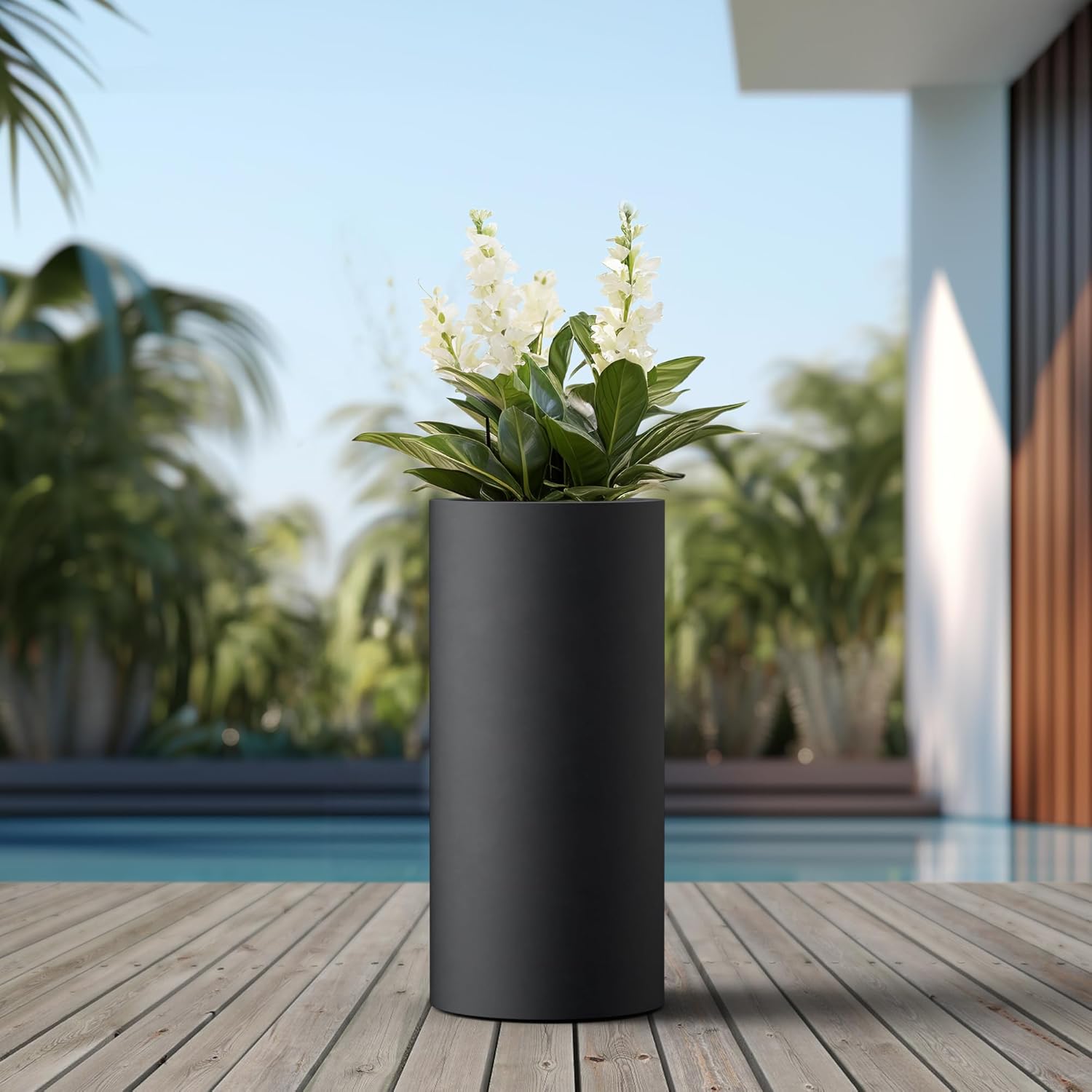 Kante 23.6 Inch Tall Concrete Planter, Large Round Cylindrical Plant Containers with Drainage Hole, Suitable for Indoor Outdoor Plants, Home Decor, Black
