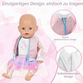 Doll Clothes for 14-18 Inch Baby Dolls 6 Pieces Pink Pony Clothing Outfits with Cartoon Top Ombre Tulle Skirt Sequin Jacket Sunglasses Hangers Slippers Baby Dolls 35-46 cm Clothing