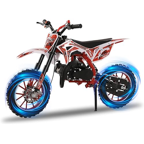 50cc Kids Gas Dirt Bike,Children 2-Stroke Gas Power Motorcycle Petrol Pocket Motorbike Off Road Mini Bike with Front Rear Disc Brakes Max Speed 40KM/H for Boy Girl Age 8-14 Red