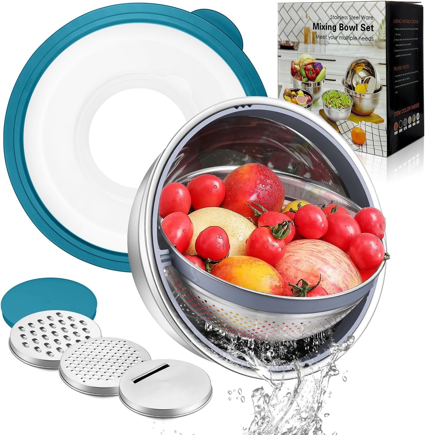 Vesteel Colander with Mixing Bowl Set, 4 in 1 Stainless Steel Food Strainer with Airtight Visible Lid and 3 Graters, Multifunctional Kitchen Prep Bowls for Washing/Draining/Mixing/Grating - Blue