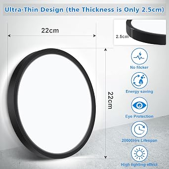 Defurhome Bathroom Ceiling Light Ø22CM 18W 1500LM,100W Equivalent,5000K Daylight White,Waterproof IP54,Dome,Modern, Flush Ceiling Light for Kitchen,Bulkhead,Toilet,Porch,Bedroom,Utility Room(Black) [Energy Class F]