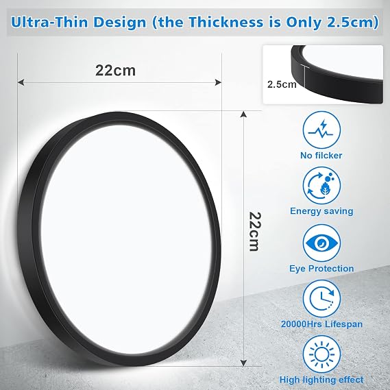 Defurhome Bathroom Ceiling Light Ø22CM 18W 1500LM,100W Equivalent,5000K Daylight White,Waterproof IP54,Dome,Modern, Flush Ceiling Light for Kitchen,Bulkhead,Toilet,Porch,Bedroom,Utility Room(Black) [Energy Class F]