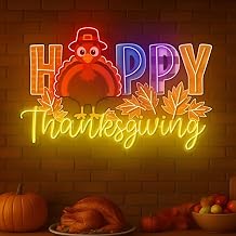 Happy Thanksgiving Neon Sign, Festive Turkey and Fall Leaves LED Sign for Wall Decor, Dimmable UV Neon Light Up Sign for Home Kitchen Party Holiday Celebration Seasonal Decor & Gifts