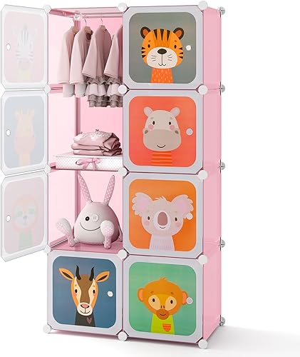 Miniatura 37 de HONEY JOY Armario para niños, organizador de almacenamiento de ropa de dibujos animados para bebés, 8 cubos y 2 secciones para colgar, armario