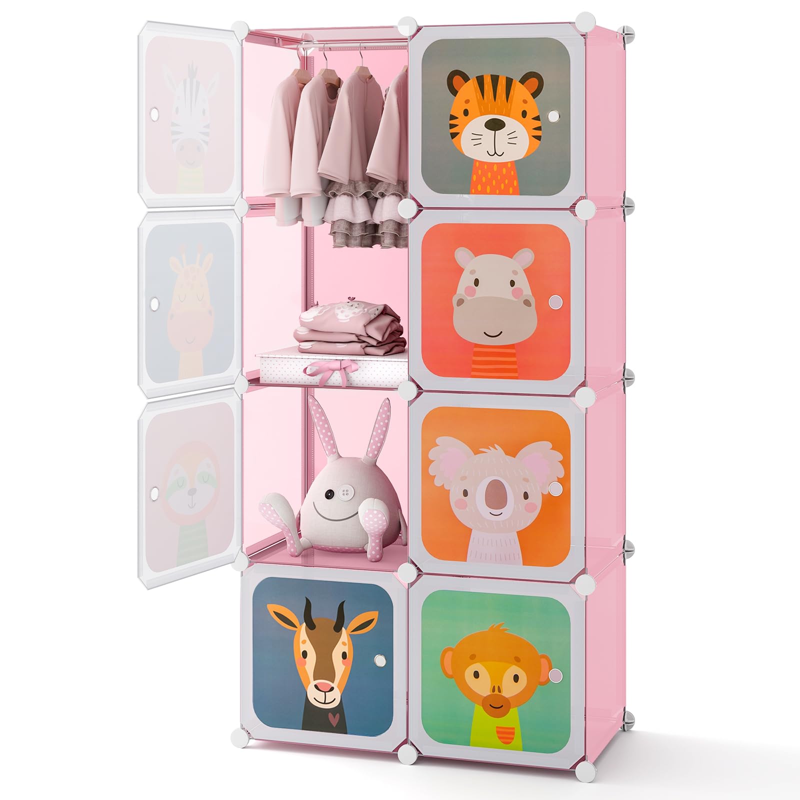 GYMAX Cartoon Clothes Closet, Portable Kids Wardrobe with Hanging Section, 8 Cubes Children Storage Unit for Bedroom Nursery (Pink, 75 x 37 x 145cm)