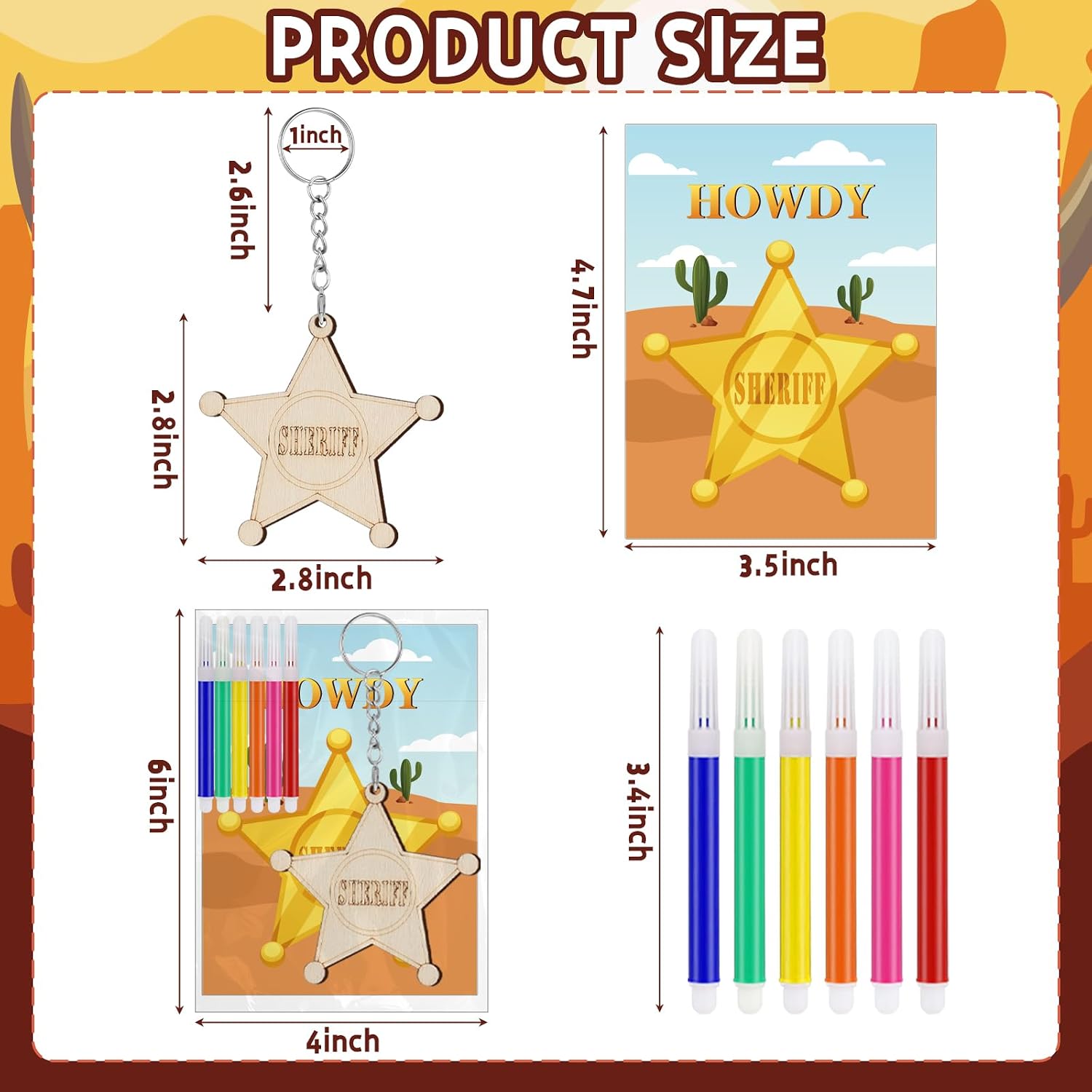 Amyhill 24 Sets Western Cowboy Party Favors DIY Wooden Keychain Painting Crafts Kits with Cards Watercolor and OPP Bags for Exchange Gifts DIY Art Prize Western Party Supplies