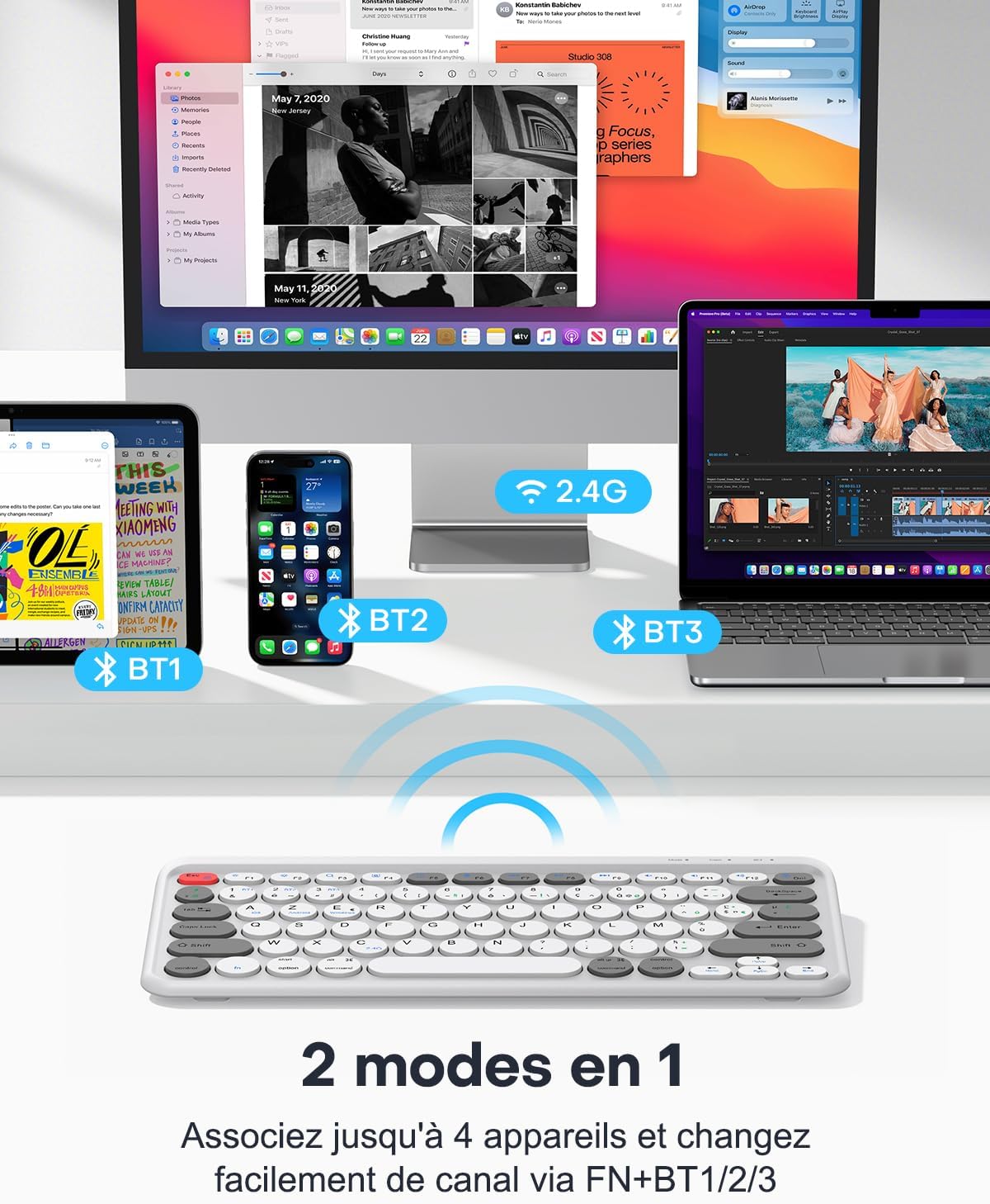 TECURS KB570 keyboard illustrating dual connection modes: 2.4G wireless and three Bluetooth channels (BT1, BT2, BT3).