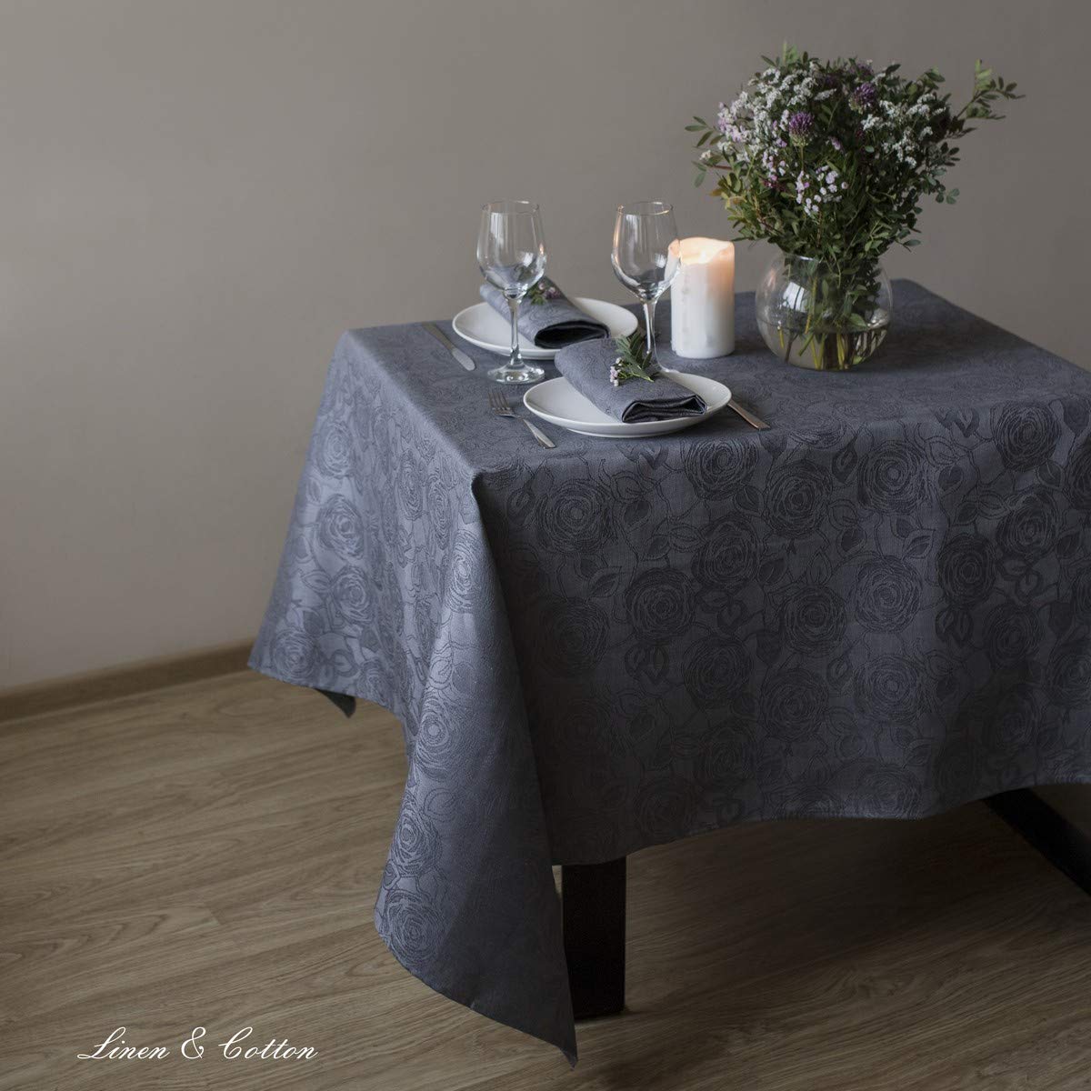 Linen & Cotton Jacquard Tovaglia da Tavola Damascata Rettangolare Grande Roseus -100% Lino, Grigio (147 x 350 cm) Lavabile Tovaglia di Stoffa da 12 Posti Decorativa per Cucina Sala da Pranzo Soggiorno