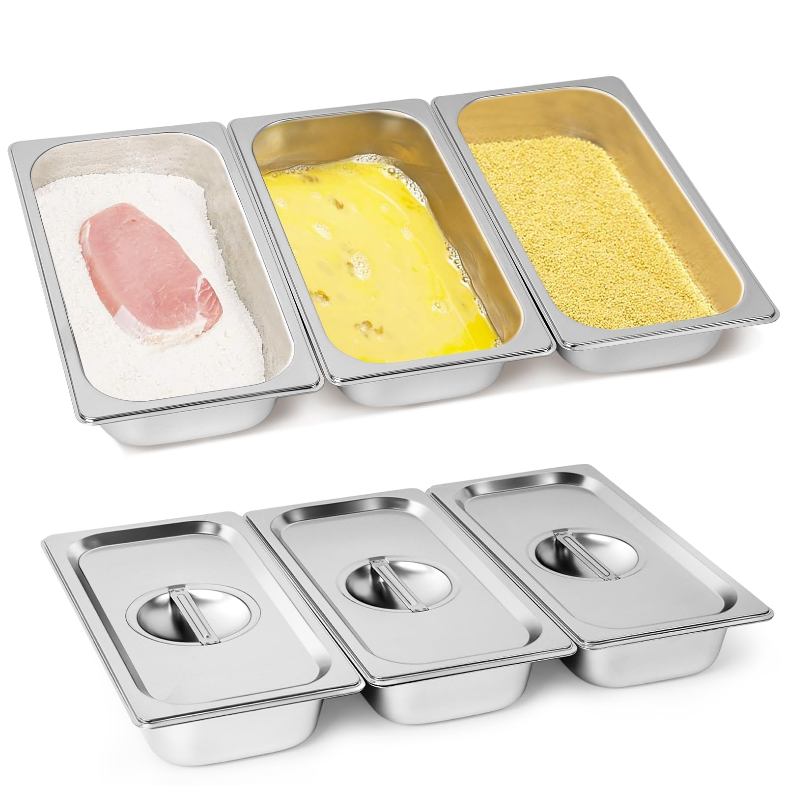 Juego de 3 piezas para empanar con tapa de acero inoxidable – 3 cuencos para empanar 32,5 x 17,5 x 6,5 cm – ideal para chuletas, carne, pescado – Panierstraße rectangular de metal