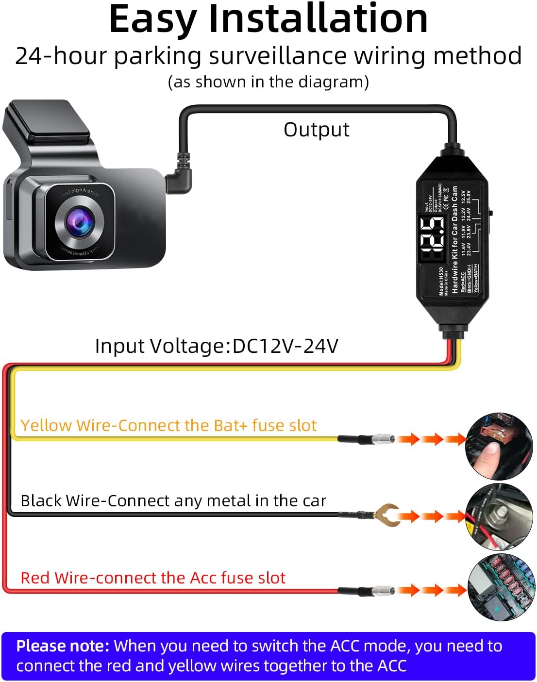 GELRHONR Dash Cam Hardwire Kit USB C, Type C 12V-24V to 5V Acc Hard Wire Kit for Dash Camera 11.4FT, 24H Parking Mode with Low Voltage Protection for Dashcam and More(Kit with Fuse tap)