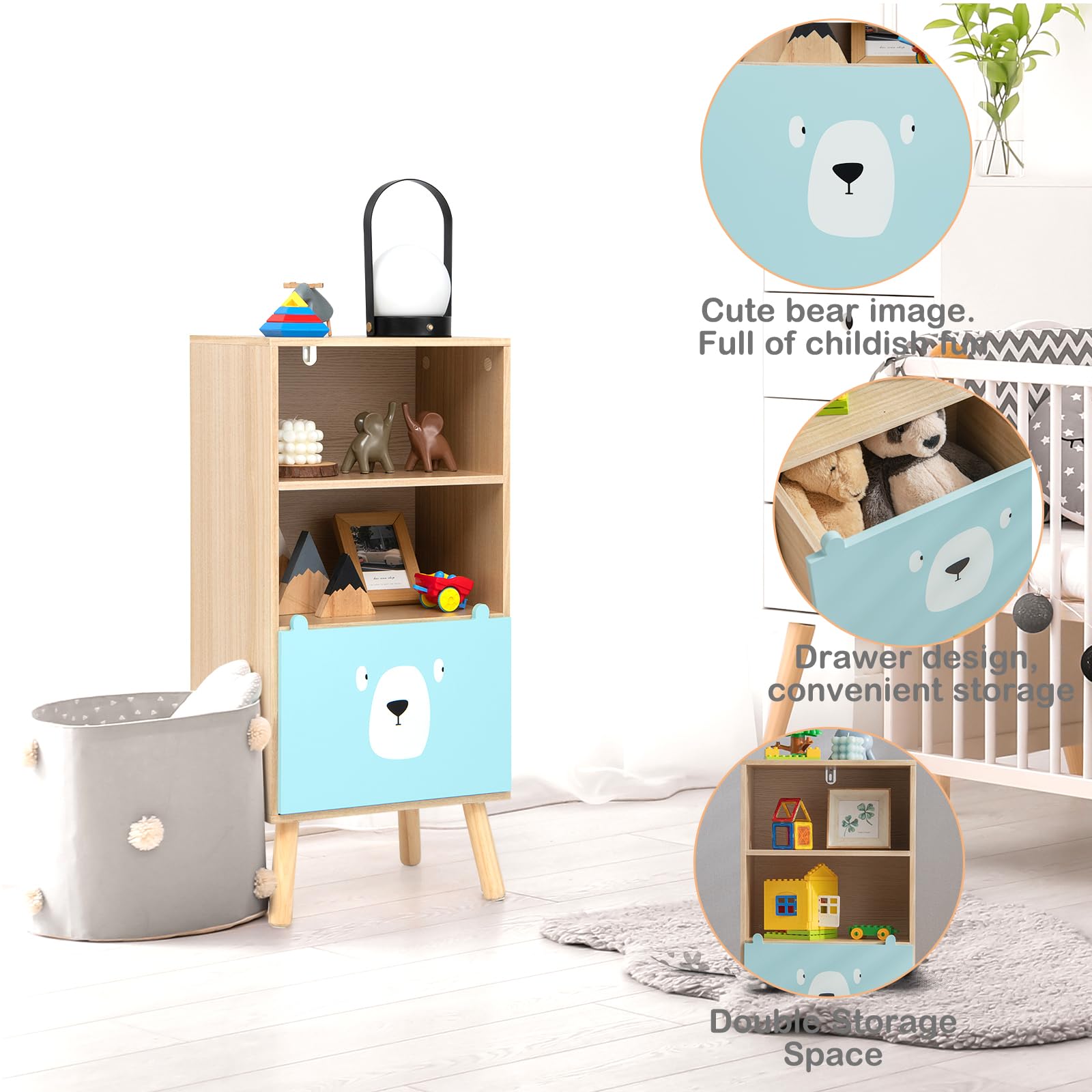 KOMFOTTEU Scaffale per Bambini a 3 Livelli, Scaffale per Bambini con Protezione Antiribaltamento e Motivo a Cartoni Animati, Scaffale per Giocattoli con 2 Scomparti Aperti e 1 Cassetto