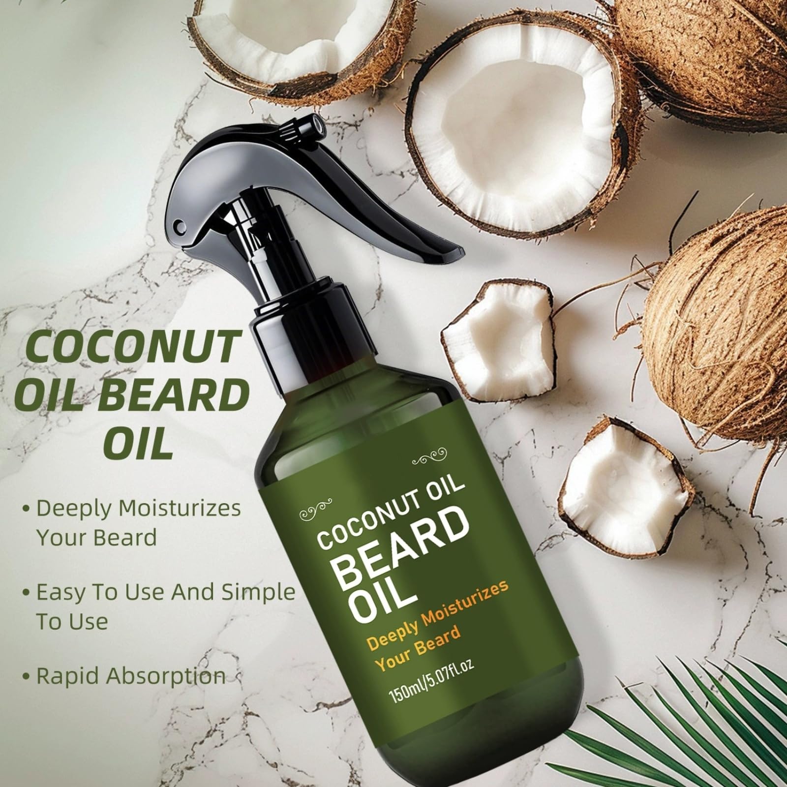Spray per barba con olio di cocco per uomo, olio smischiante leggero per la barba, arricchito con vaniglia e orchidea, cura senza risciacquo ad assorbimento rapido, idrata e disciplina, 150 ml