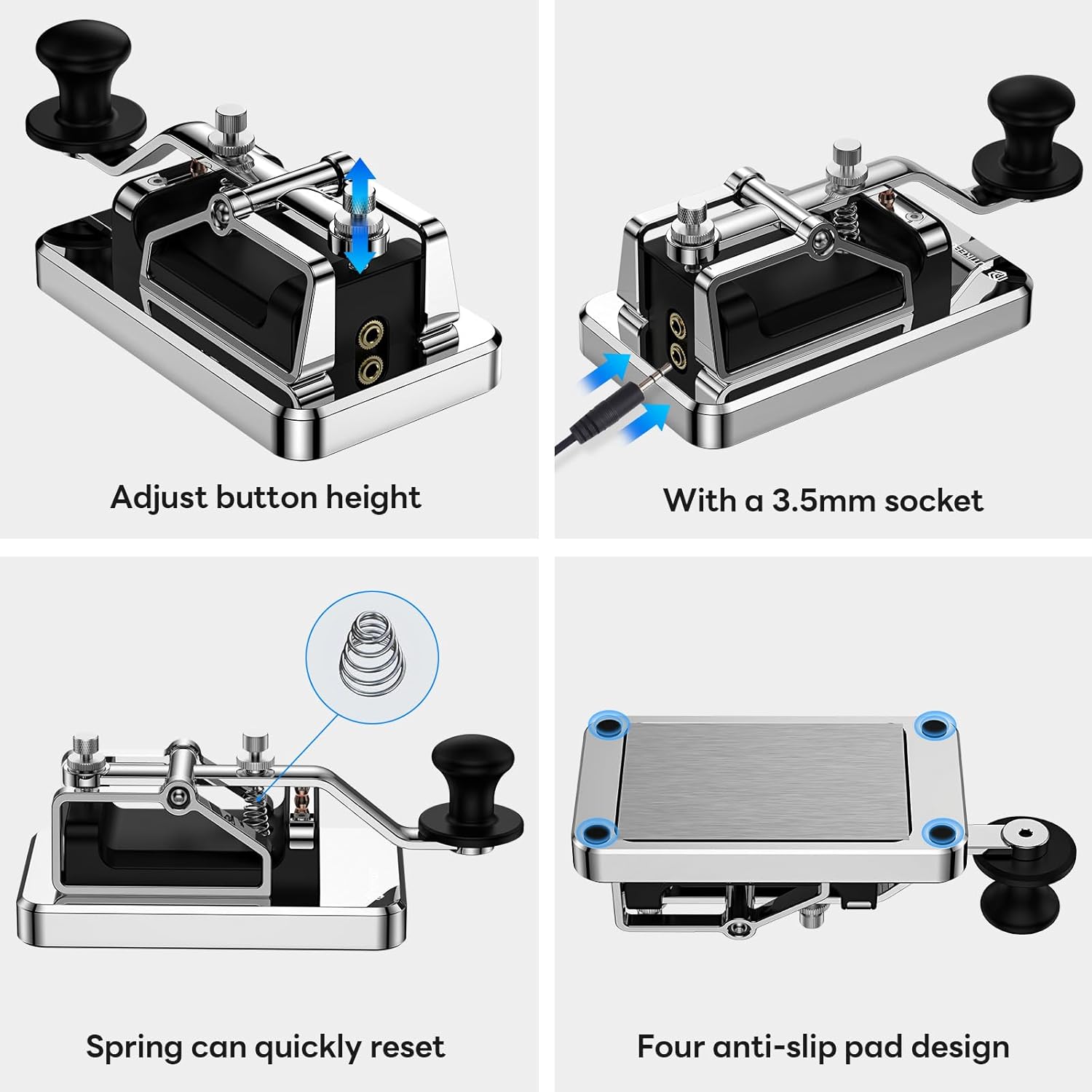 Mini CW Key Automatic Morse Send Telegram Double Paddle Morse Code Key Aluminum Alloy Body (Silver)