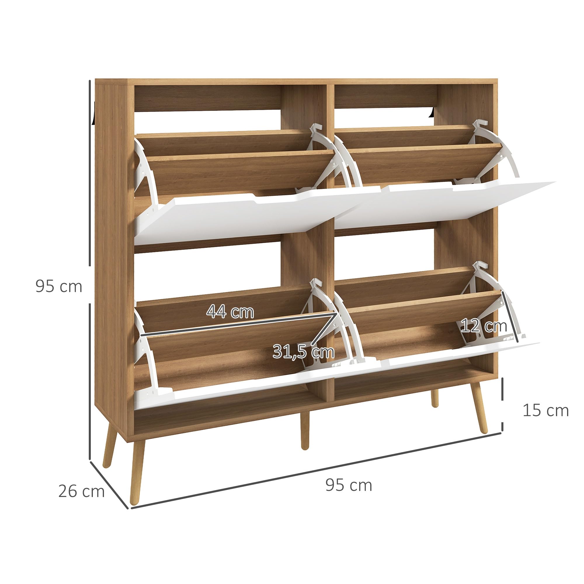 HOMCOM Zapatero Estrecho con 4 Cajones Abatibles, Zapatero Entrada Recibidor con Patas de Madera y Estantes Ajustables, para 16 Pares de Zapatos, para Pasillo, 95x26x95 cm, Blanco y Natural