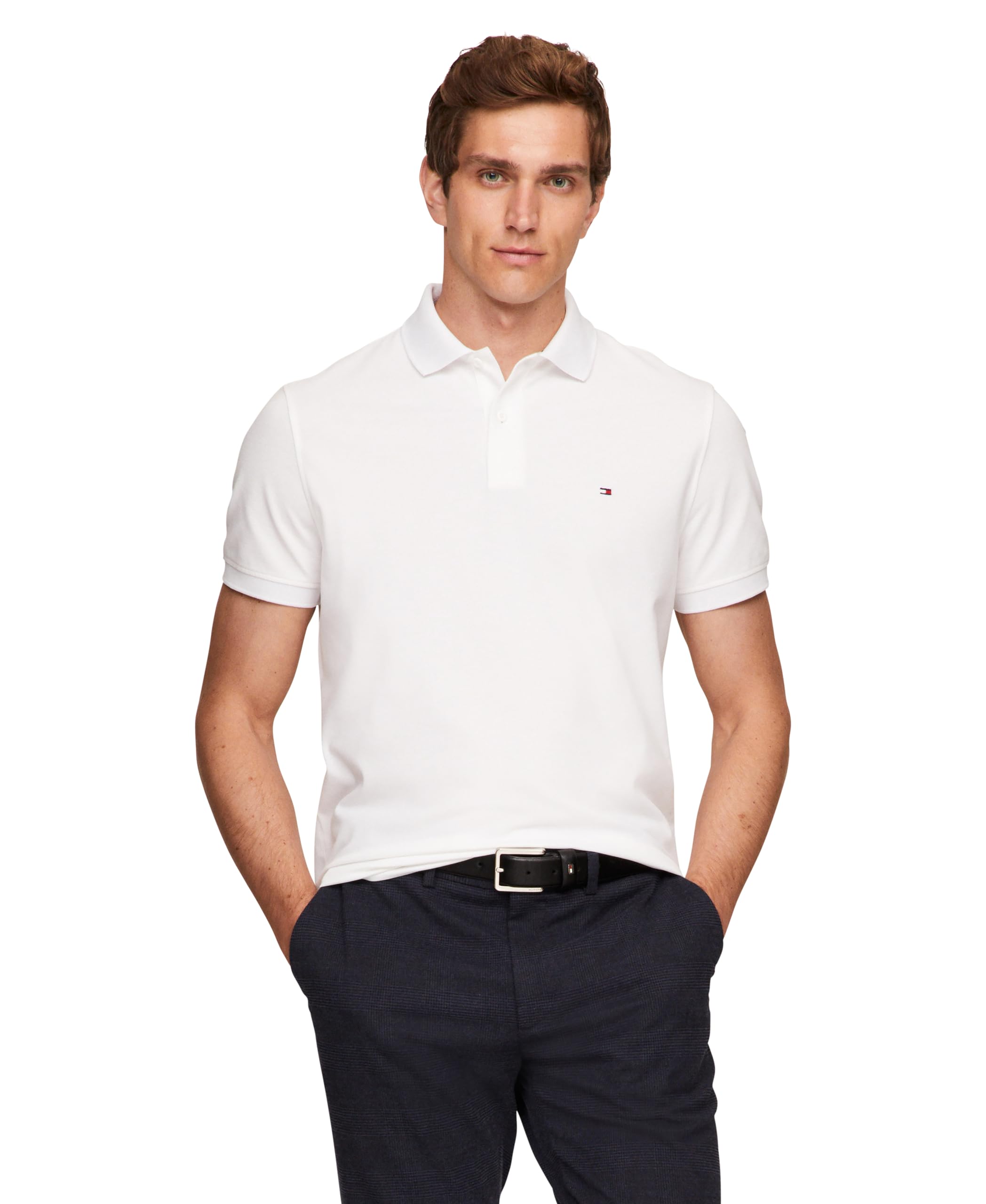 Tommy Hilfiger Men's Short Sleeve Casual Dri Polo Shirts in Regular Fit with Moisture Wicking and Stretch, White, Large