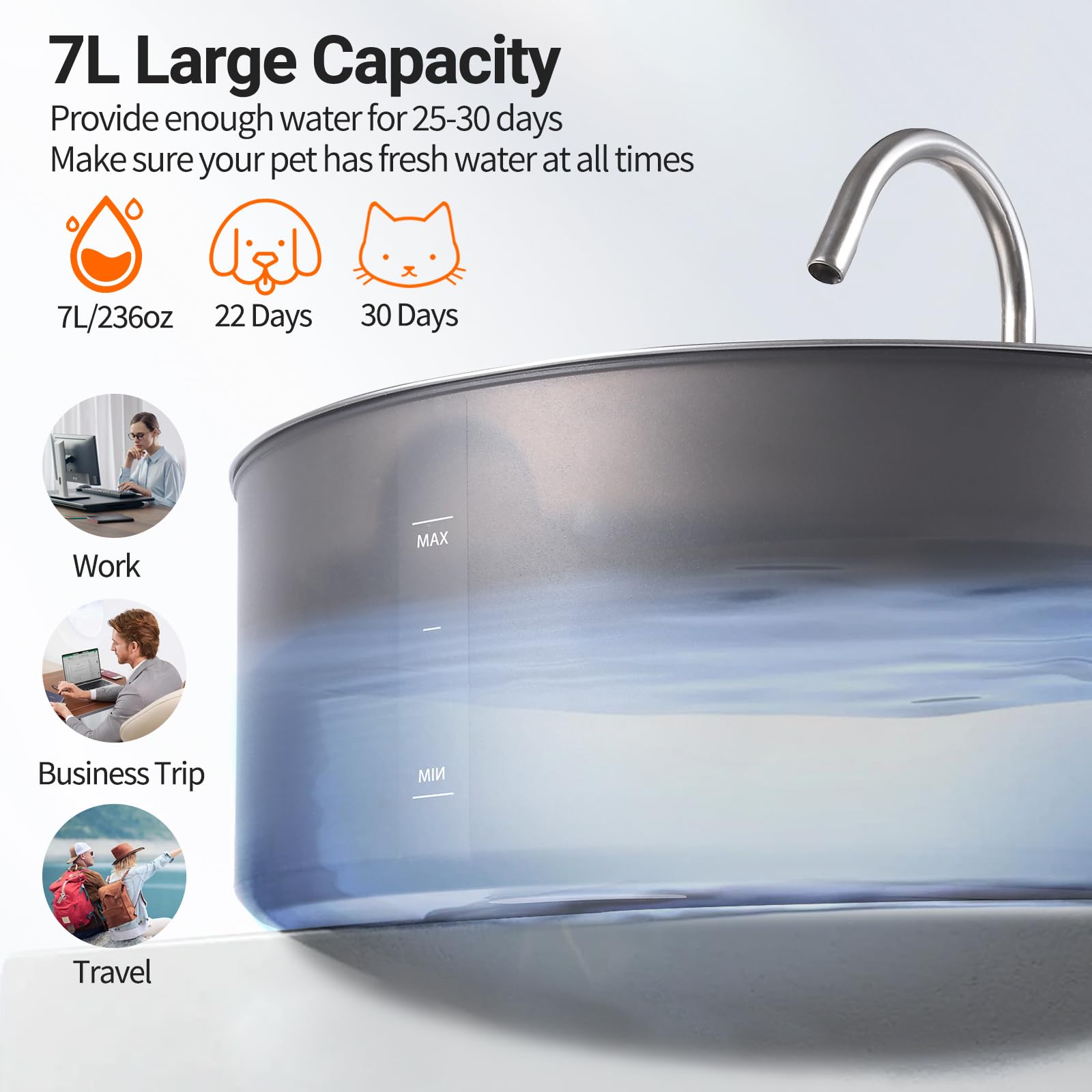 Fuente de agua para gatos de acero inoxidable, 7 l