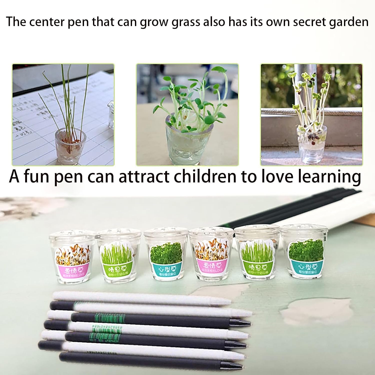 Plant Growth Ballpoint Pen Set With Mini Pot Cap, Pen With Garden Pen To Grow GrassPen (6 white + black sticks)