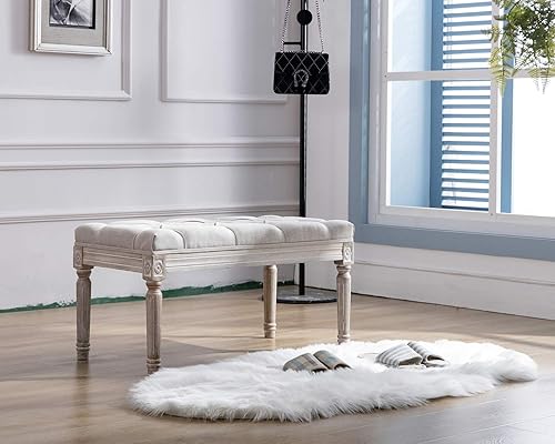 Miniatura 4 de Kmax Banco de entrada capitoné, banco otomano rústico tapizado, 31.5 x 15.75 x 15.7 pulgadas, beige