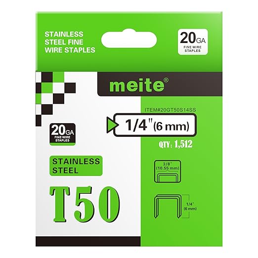 meite T50 Stainless Steel Staples Marine, 1/4 Inch Heavy Duty Staples for Staple Gun - 1512 Counts, 20 Gauge 3/8 Inch Crown T50 Upholstery Staple for Marine Applications