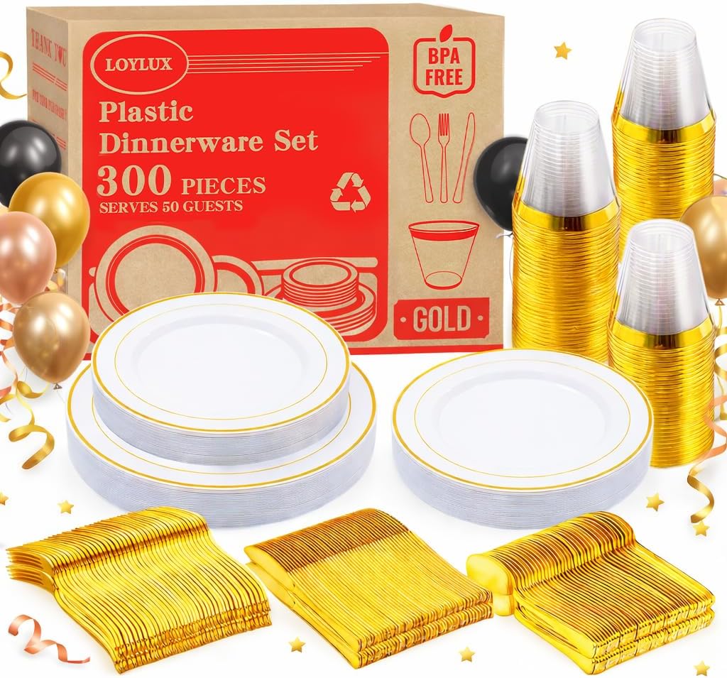 300 Piece Gold Disposable Plates for 50 Guests, Elegant Dinnerware Set for Party, Family Gathering & All Celebration, White and Gold Plates with Cups, Utensils