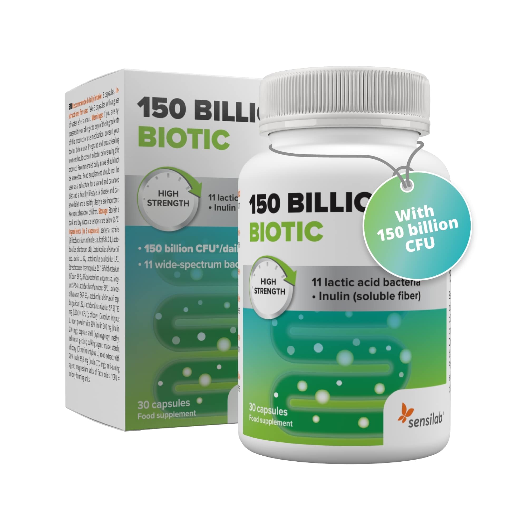 Probiotic Capsules with 150 Billion CFU, Highest Concentration, Bacterial Cultures Supplement with Chicory Root, Inulin, 30 Capsules, 150 Billion Biotic by Sensilab