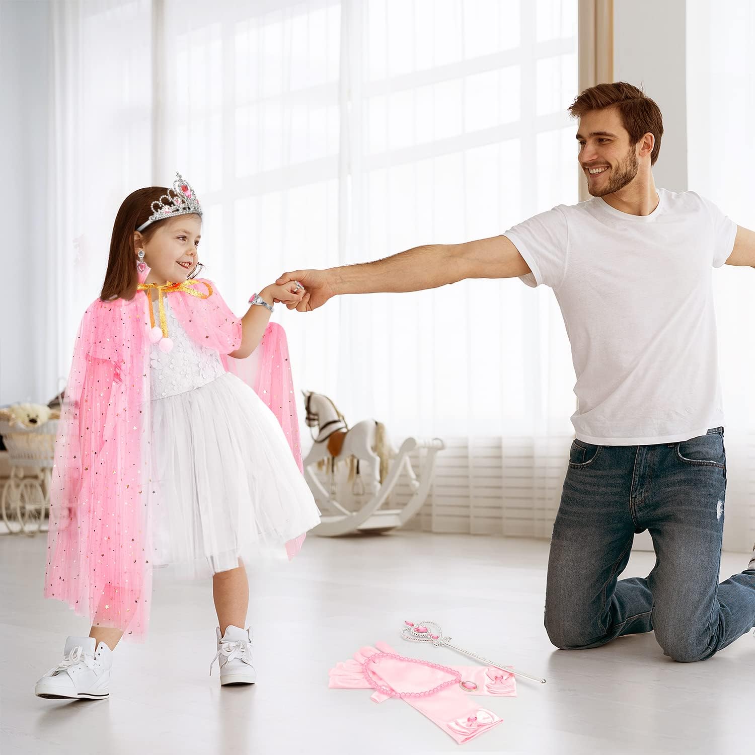 10 Pieces Princess Cape Set Dress up Clothes for Little Girls Party Cosplay Cloak with Jewelry Tiara Crown Wand Gloves - Image 6