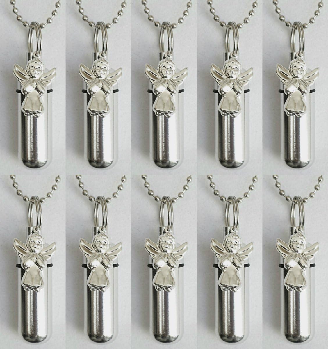 Wholesale Set of Ten Silver Praying Angel ANOINTING Oil Holders - Laser Engraved with Hearts - Includes 10 Velvet Pouches, 10 Ball-Chains & Funnel