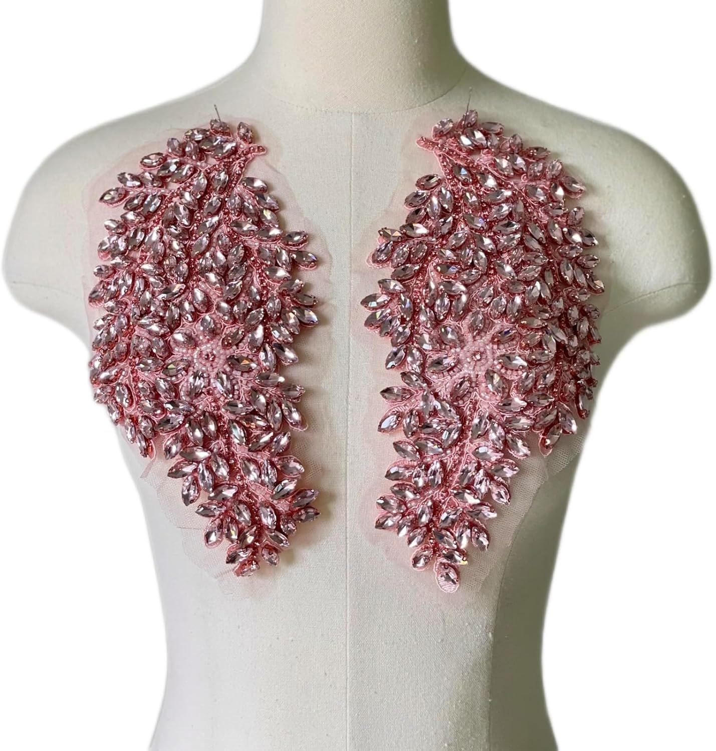 1 Pair Handmade Shining Pink Rhinestones Applique Patches Sewing Beads Sequins Stone Trim Accessories for Wedding Dress Decoration,10.7" *5.9" Leaf Flower Applique (Pink)