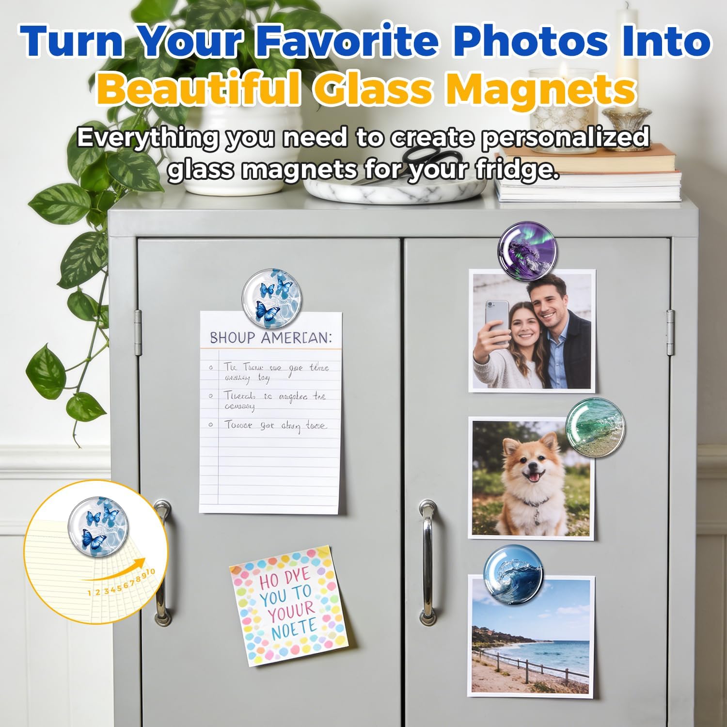 Party Zealot 2 Inch Glass Magnet Kit – 144 Pcs Fridge Magnet Making Kit with Glass Cabochons & Clear Adhesive Dots, DIY Custom Magnets for Photos, Notes, Whiteboards, Lockers & Home Organization