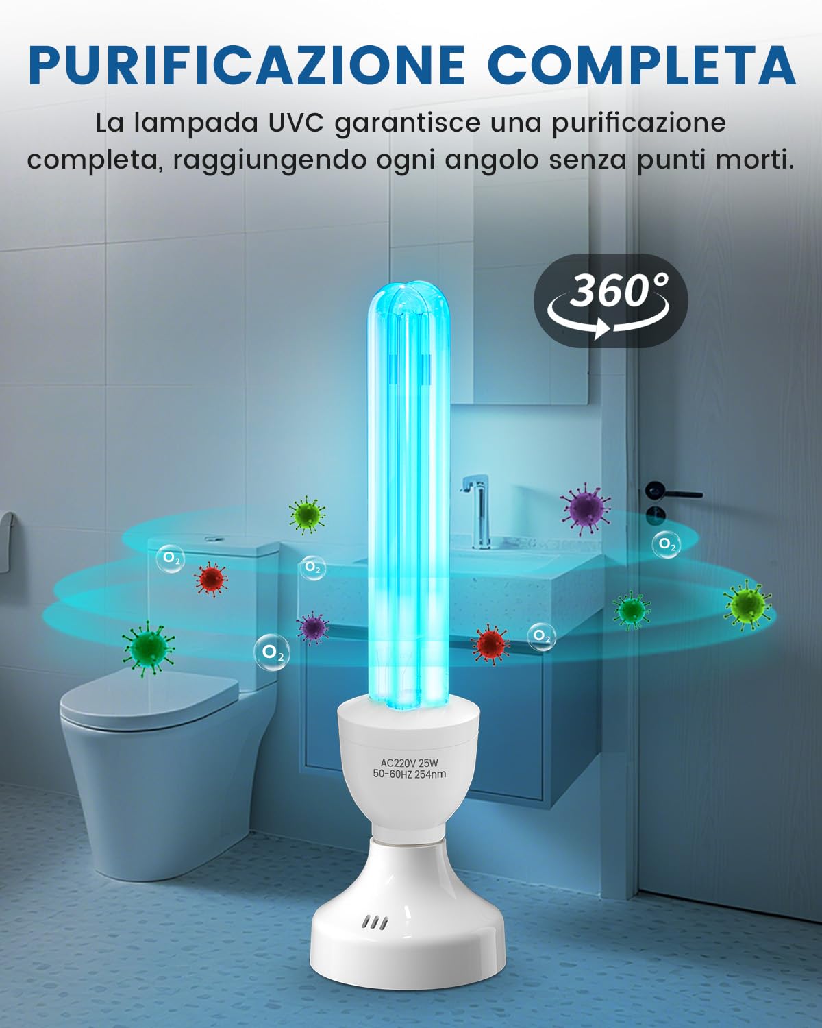 Lampada UV Ozono E27 25W con telecomando e timer, Lampada Germicida Raggi UVC 254nm con Tubo al Quarzo Brine Ozono Contro Batteri Virus e Acari per Case, Uffici, Ristoranti e Scuola