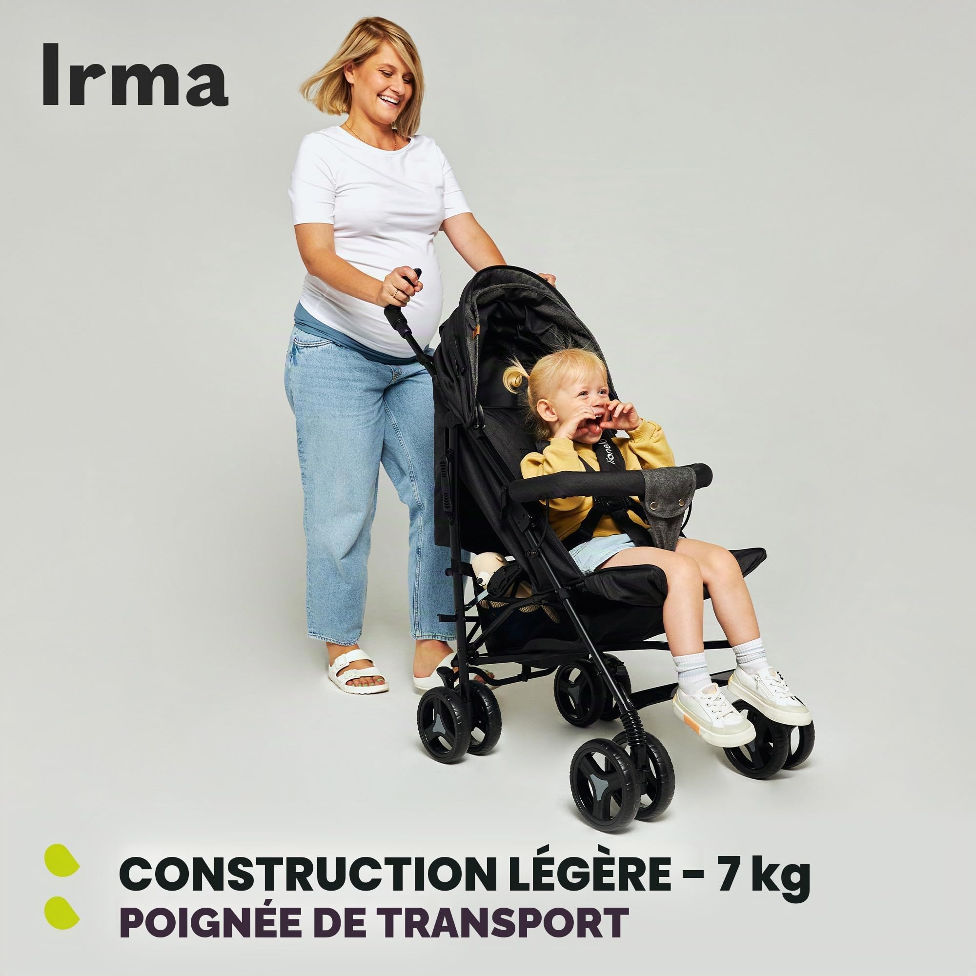 LIONELO Poussette IRMA légère et pliable pour bébé jusqu'à 3 ans, fonction allongée, harnais à 5 points, grandes roues de 15,2 cm, moustiquaire, grand panier et capot, poignées rotatives, poussette