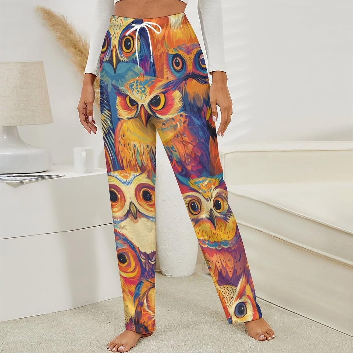 Owls Ethnic Style Flannel Pajama Pants Women Soft Fleece Sleep Pj Lounge Bottoms