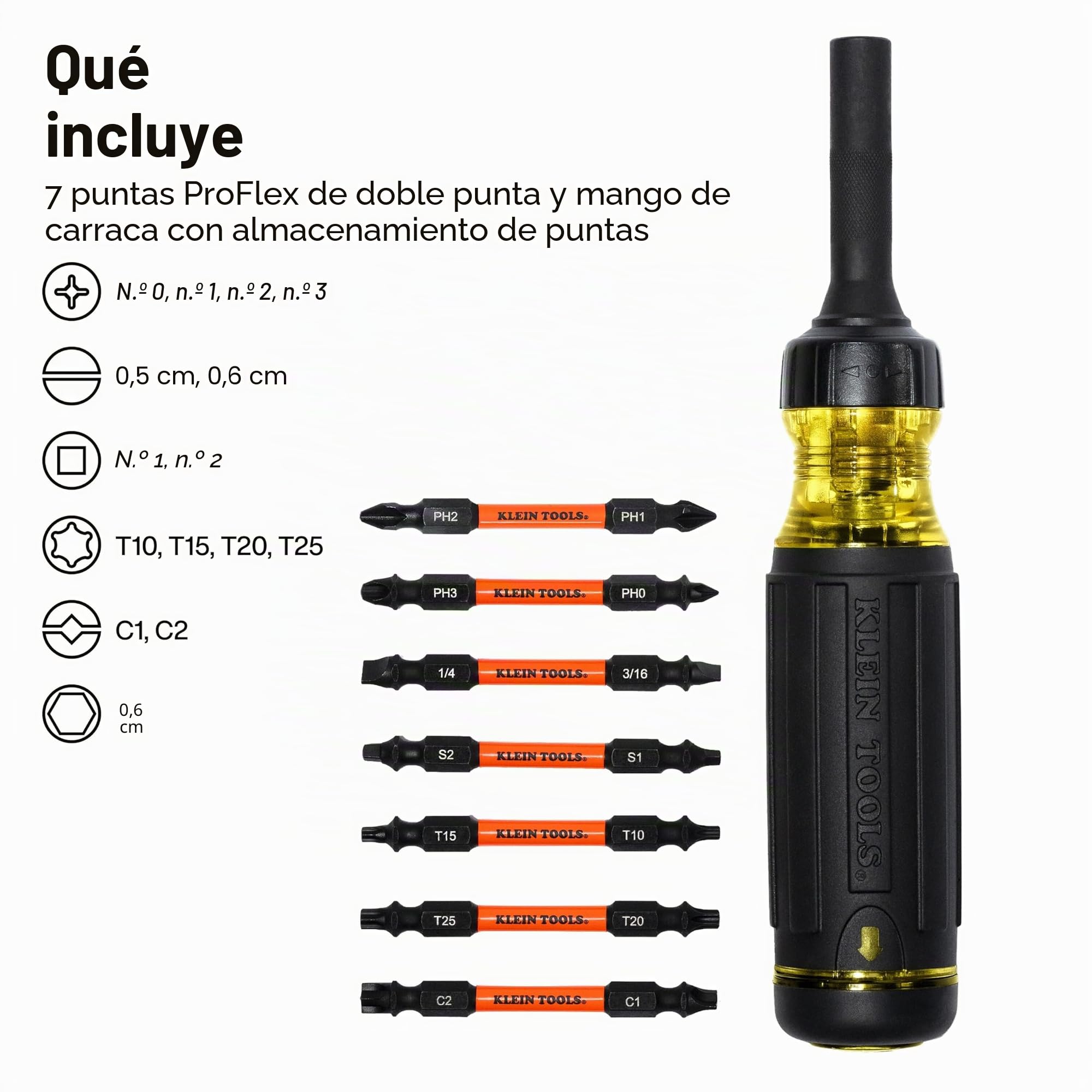 Klein Tools - Destornillador de trinquete 15 en 1 con puntas múltiples, apto para impacto, incluye 7 puntas de doble filo ProFlex Torsion, punta hexagonal de 6,35 mm para tuercas, juego de 8 unidades