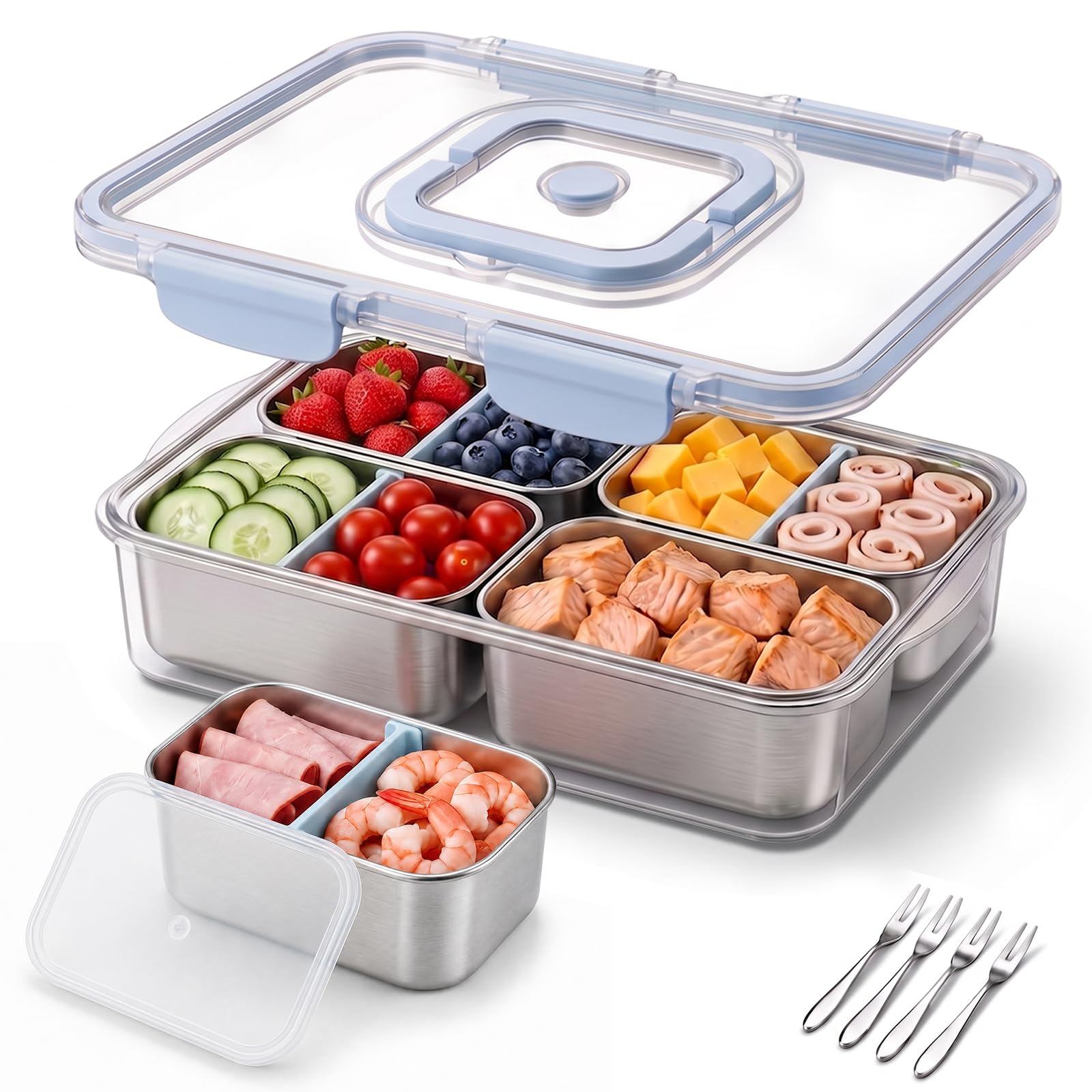Mirvosa Snackbox mit 4 Edelstahlfächern und einzelnen Deckeln, 4 Gabeln | Spülmaschinenfest & tragbar / 4 Silikon-Trenner / Für Kinder Sport, Roadtrips, Strand & Picknick