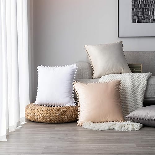 Miniatura 6 de Juego de 2 fundas para cojines decorativos de terciopelo sólido suave con borde de pompones